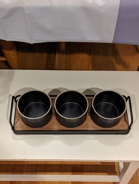 Hearth And Hand 2019 Stoneware Bowl Set Acacia Wood Condiment Caddy